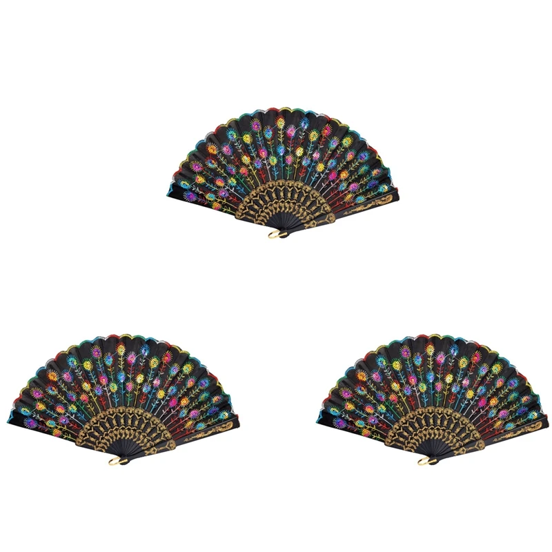 

AD-3X Colored Embroidered Flower Pattern Black Cloth Folding Hand Fan For Woman