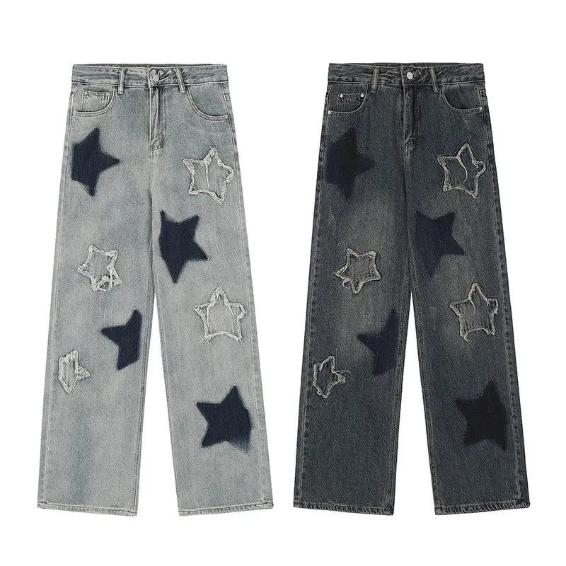 American Star Embroidery Women's Denim Trousers: Y2K High Street Casual Loose Straight Leg Pants - true deals club