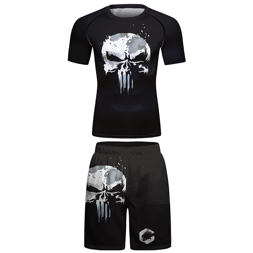 Skull Rashguard For Men Jiu Jitsu MMA T-shirt+Pant Set Brazilian Grappling Bjj Boxing Rash Guard MMA Shorts Boxeo Fight Jerseys sports apparel mens t shirt