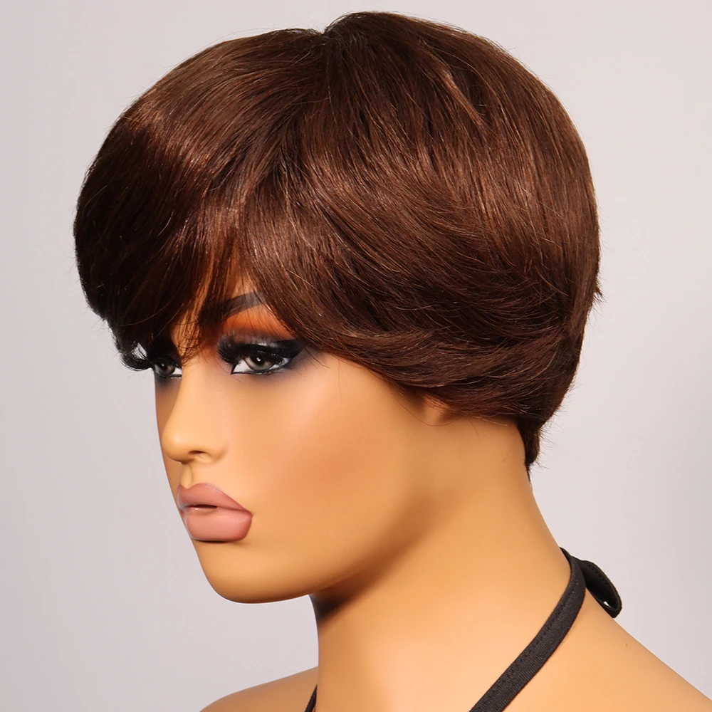 짧은 인간의 머리카락 픽시 컷 가발 흑인 여성을위한 스트레이트 perruque bresilienne 전체 기계 제작 가발 앞머리 저렴한 가발