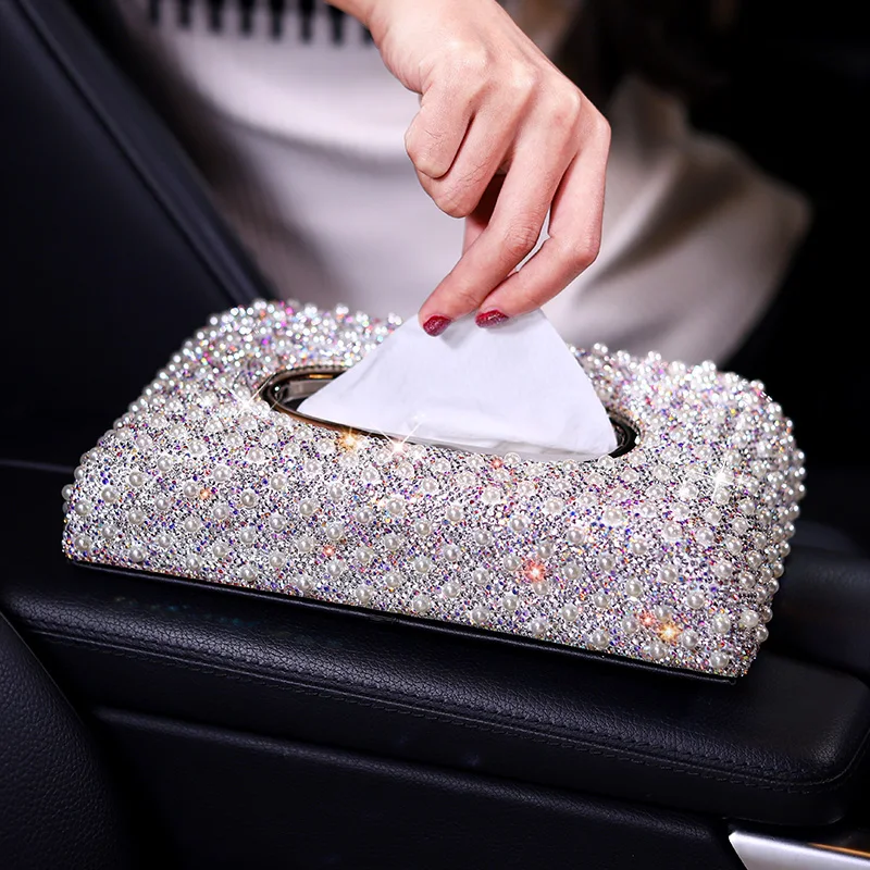Luxury Car Tissue Box Pearls Diamond Seat Type Tissue Holder Sparkling Napkin Holder Bling Paper Cover Case  거실 수납장  블랙박스 5