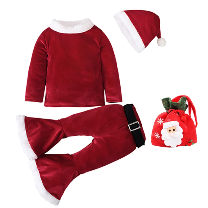 thumbnail image 1 of Baby Girls Christmas Cosplay Santa Claus Costume For Kids Xmas Party Red Clothes Tops+ Pants+Hat+Belt Children New Year Outfits, 1 of 5