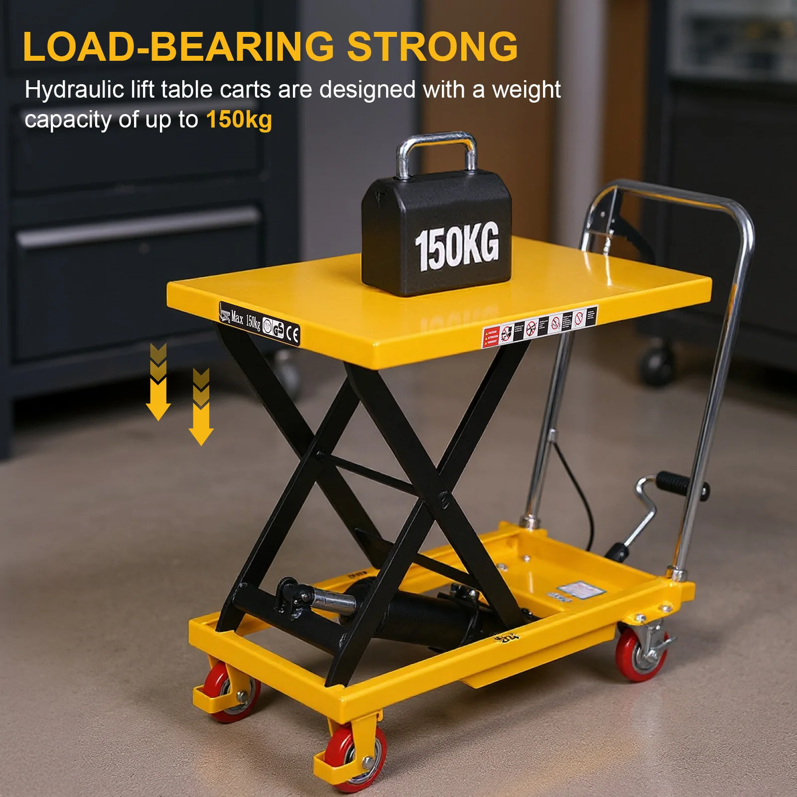 Hydraulic Lift Table, 150KG Scissor Lift Table Cart Double Scissor Hydraulic Lifting Trolley Manual Lifting Scissors Trolleys w