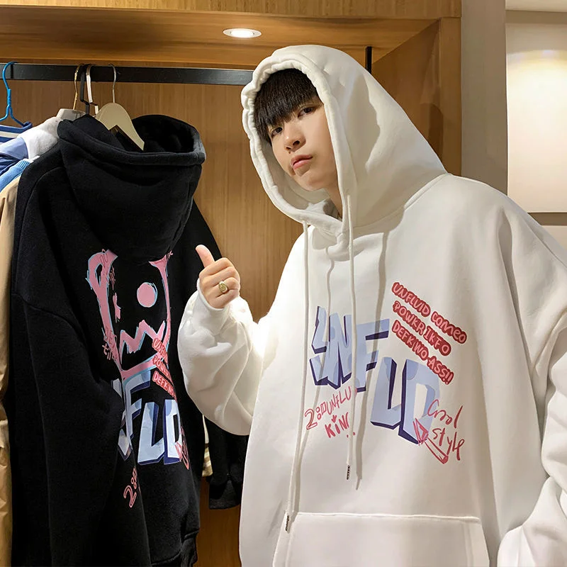 

Ins All-match Spring and Autumn Top Men Clothing Loose Hooded Sweater Graffiti Smiley Printed Couples Jacket Men Trendy Hoodies