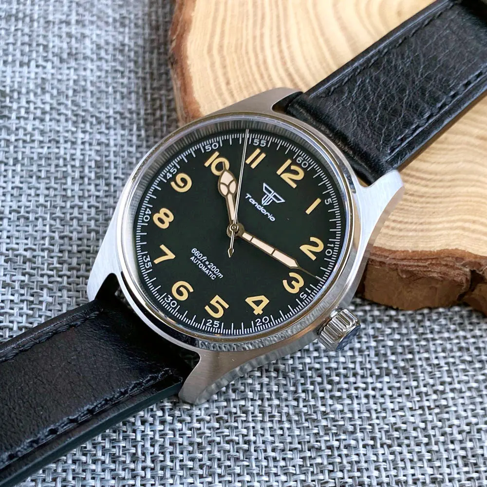 Tandorio 39mm Black Dial Sapphire Glass 20ATM Diving Japan NH35A PT5000 Automatic Pilot Brushed Men Watch Leather Strap