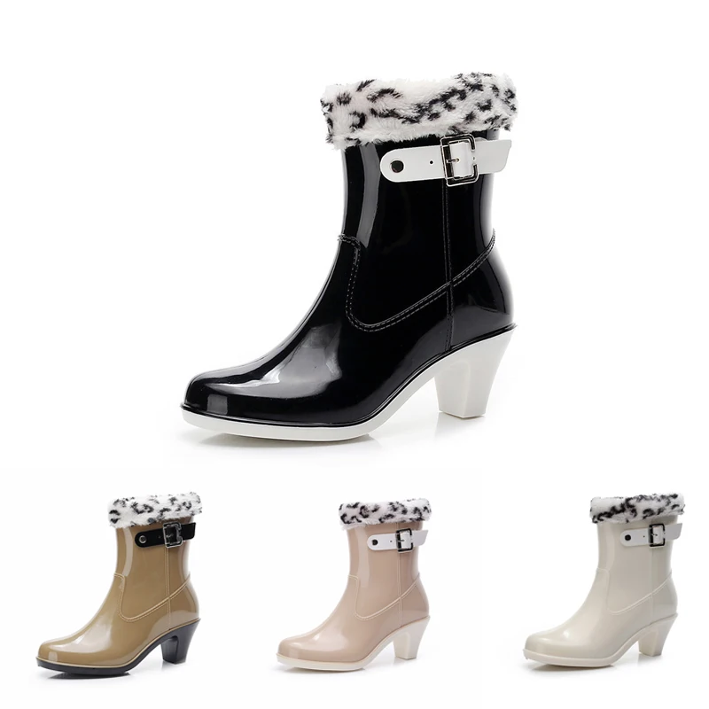 

New Boots Ladies Winter Women's Rain Ankle Waterproof Woman Snow Rubbers Non-Slip High Heel Water Shoes Leopard Print Warmth