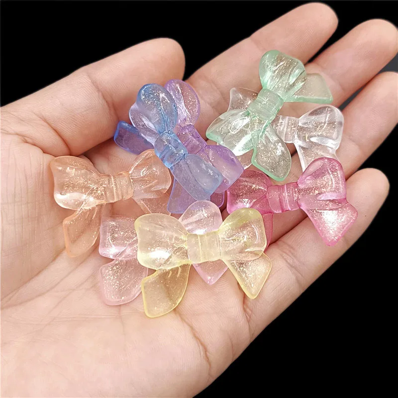 10pcs 33mm * 24mm 아크릴 나이트 글로우 스파클링 파우더 보우 비즈 전화 체인 쥬얼리 액세서리 빛나는 Bowknot