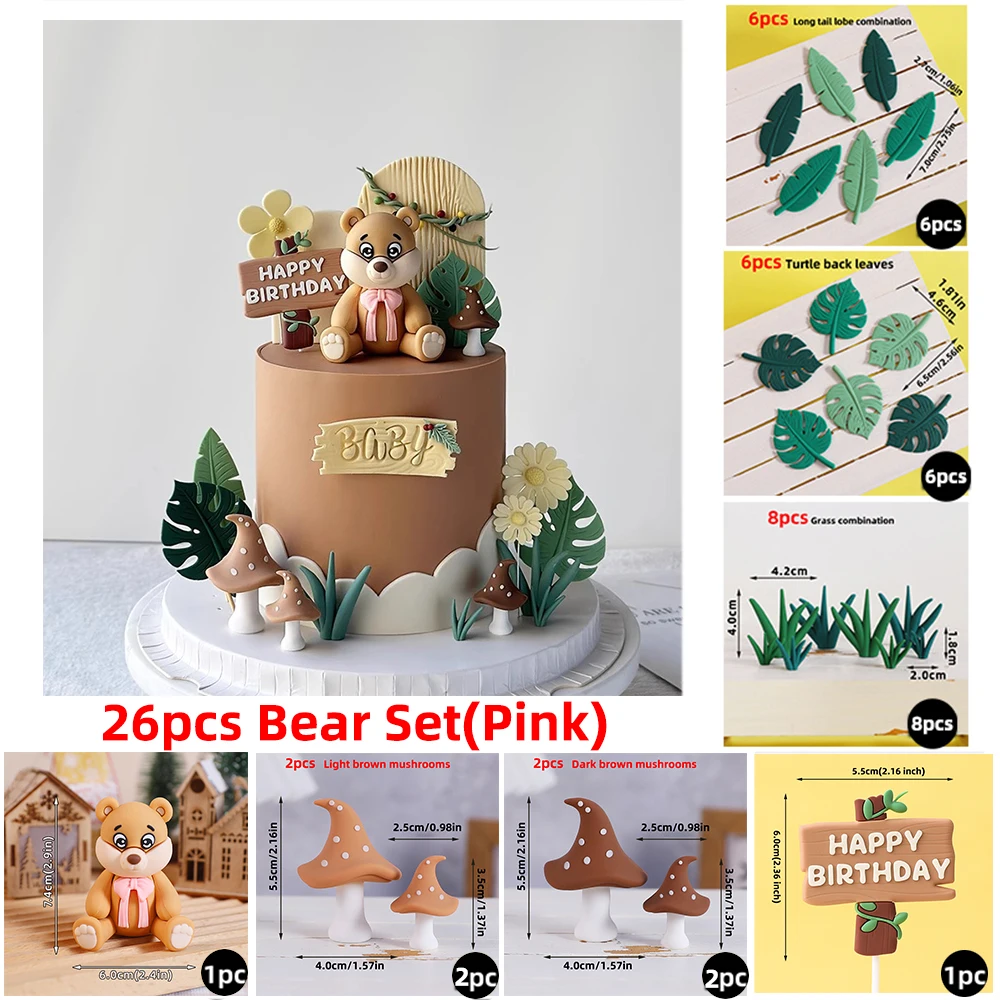 Description Picture 6 of itemForest Jungle Cake Decoration Blue Western-Style Bear Cake Topper Animal Mushroom Leaves Grass Happy 1st Birthday Party Supplies