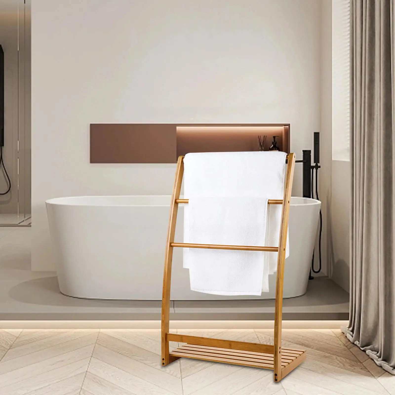 Rustic Bamboo Bathroom Towel Drying Stand Holder Towel Holder Freestanding with 3 Rails for Facecloth Bathrobe Hand