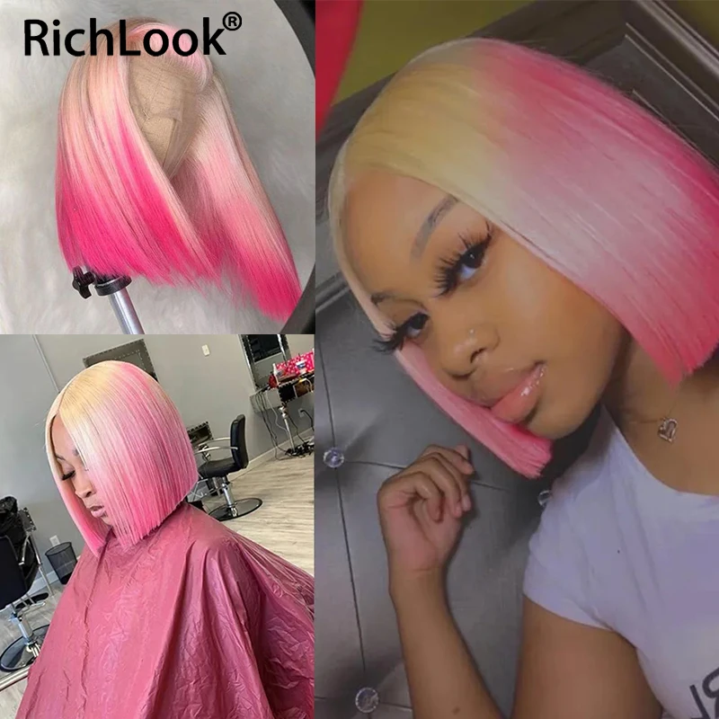 

Ombre Pink Short Bob Cut Wigs Human Hair Straight Bob 13x4 Lace Front Wig 613 Blonde Transparent Lace Human Hair Wig Ready To Go