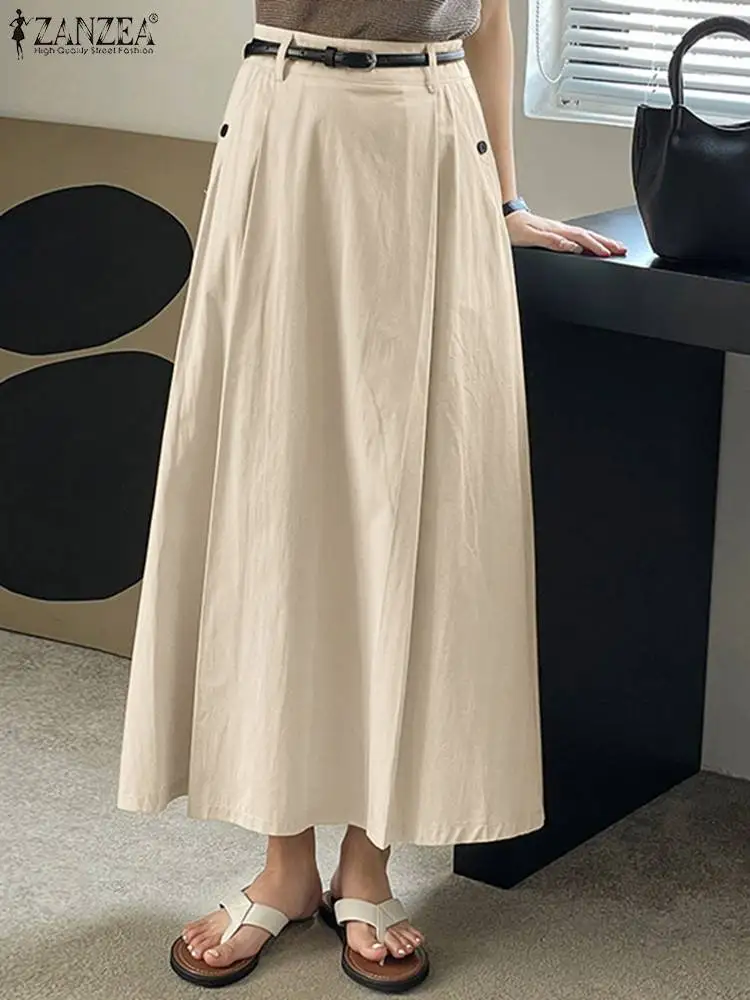 

ZANZEA Women Casual Elastic Waist Solid A-line Skirt Spring Elegant Party Long Skirts Vintage Faldas Saia Fashion Holiday Jupe