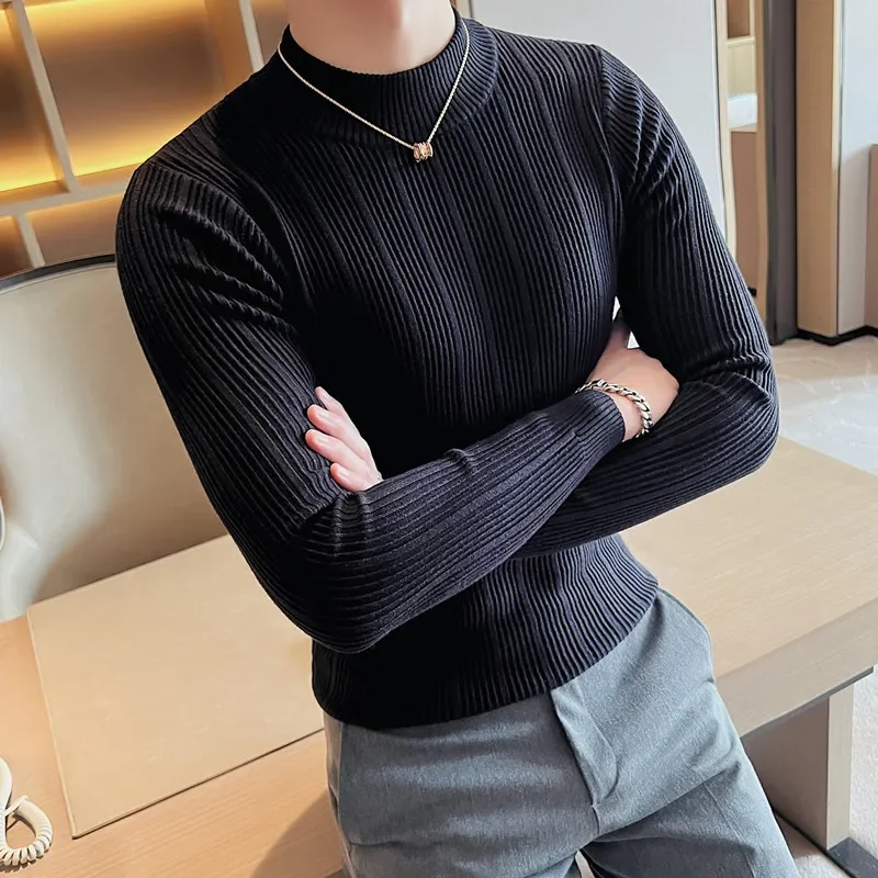 2024 Fashion Slim Fit Turtleneck Knitted Sweater Men Slim Fit Clothing Autumn New Casual Stripe Pullovers All-match Warm Tops