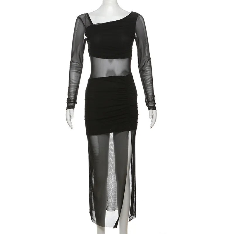 Black Dresses Women Elegant Solid Color See Through Round Neck Long Sleeve Split Party Dress Club Dresses Streetwear