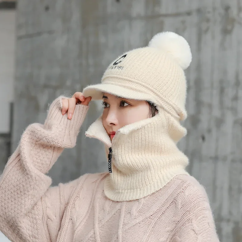 Letters C Knitted Beanie Scarf Set For Woman Girl Curved Brim Autumn Winter Hat Zipper Pompoms Cycling Ski Hunting Hat 4