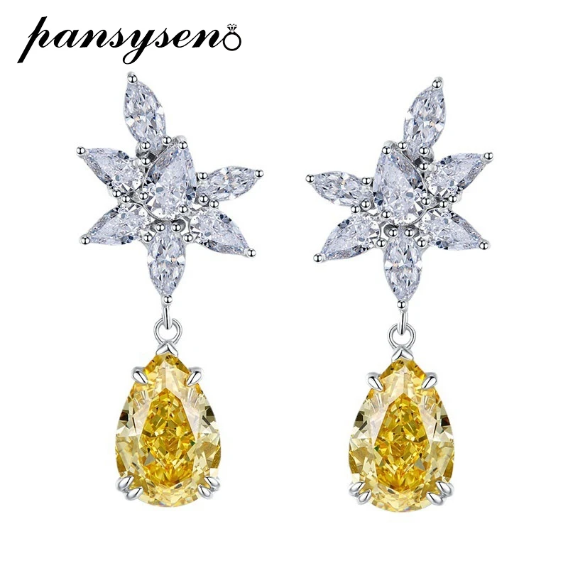 

PANSYSEN Sparkling 925 Sterling Silver 8x12MM Pear Cut Citrine High Carbon Diamond Gemstone Dangle Drop Earrings Wedding Gift