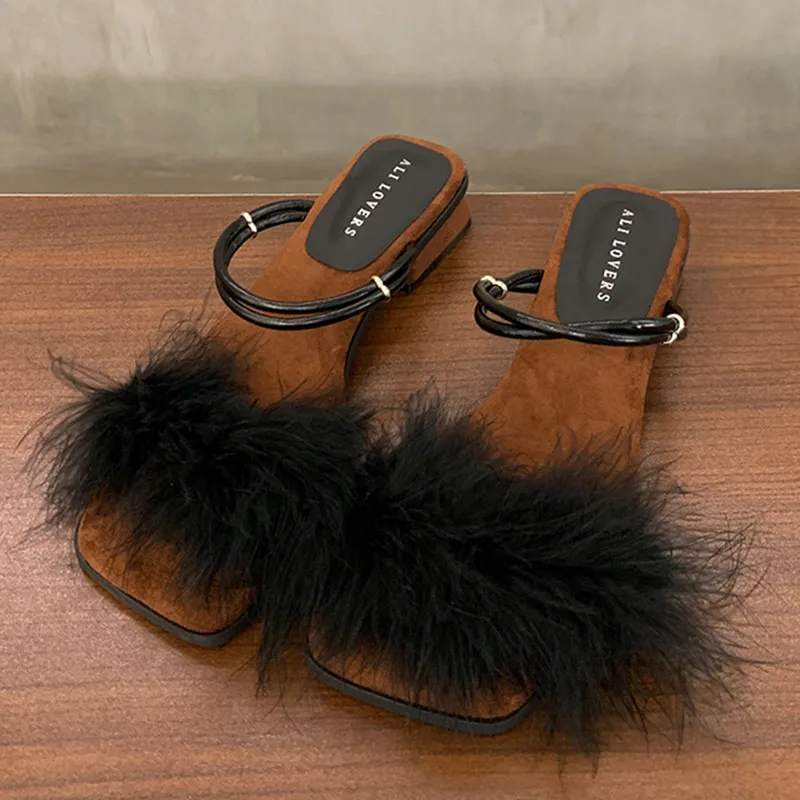 

2024 Autumn Women Slipper Fashion Fur Ladies Elegant Sandal Square Low Heel Dress Slides Open Toe Slip On Sandal Shoes New Shoes