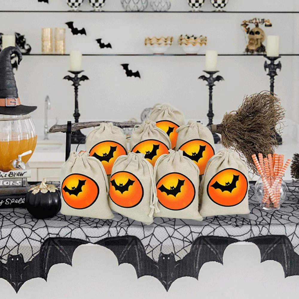 8/15/20Pcs Bat Halloween Geschenk Taschen Doppel Jute Kordelzug Sackleinen Taschen Leckerli Taschen Halloween Süßigkeiten beutel Halloween Party Liefert – Detail 7