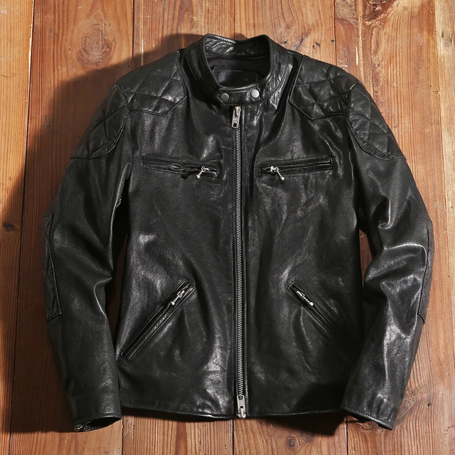 Men's Real Black Leather Jacket with Short Standing Collar