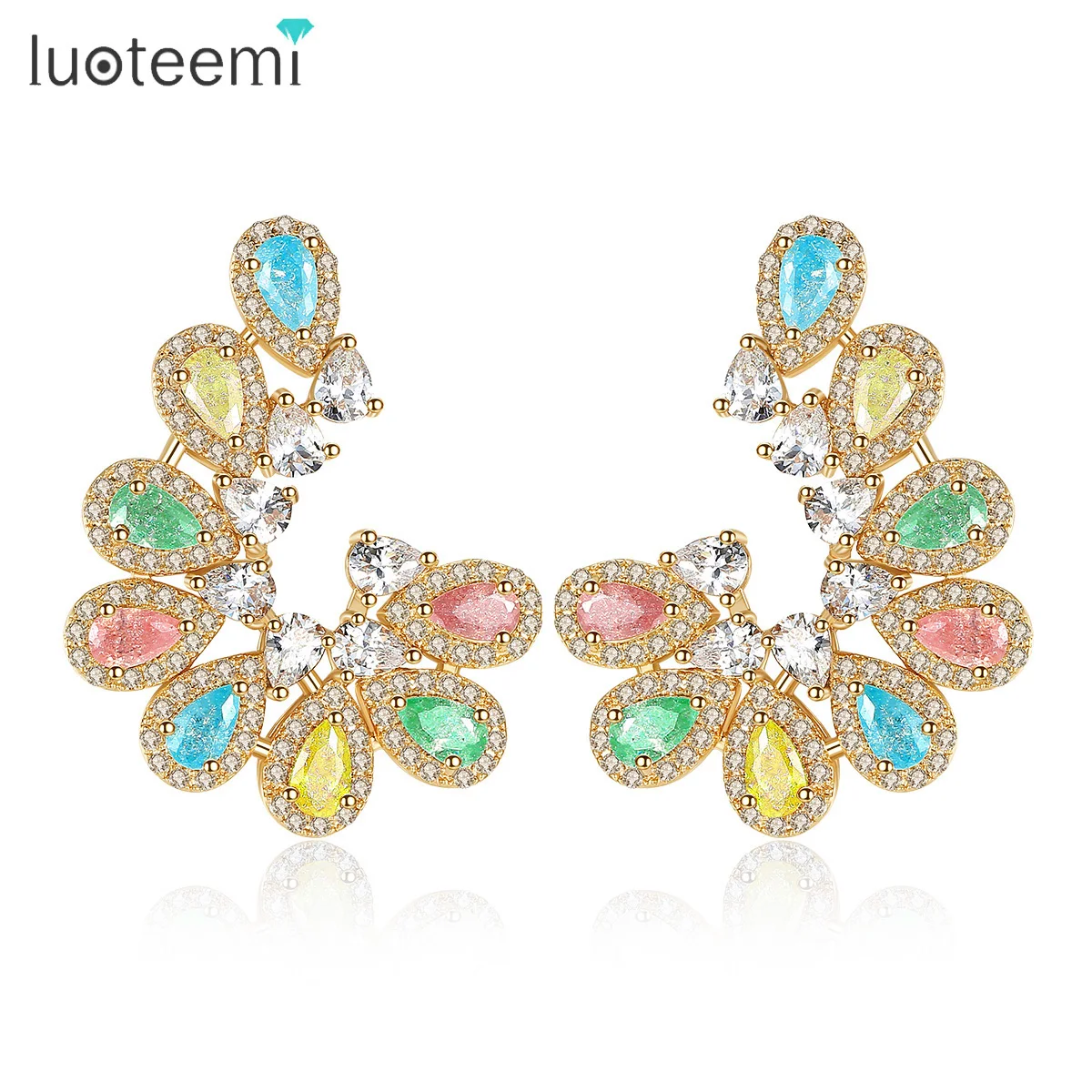 

LUOTEEMI Luxury Ear Accessories Multi Ice Zirconia Formed Brilliant Flower U Shape Stud Earrings for Women Wedding Birthday Gift
