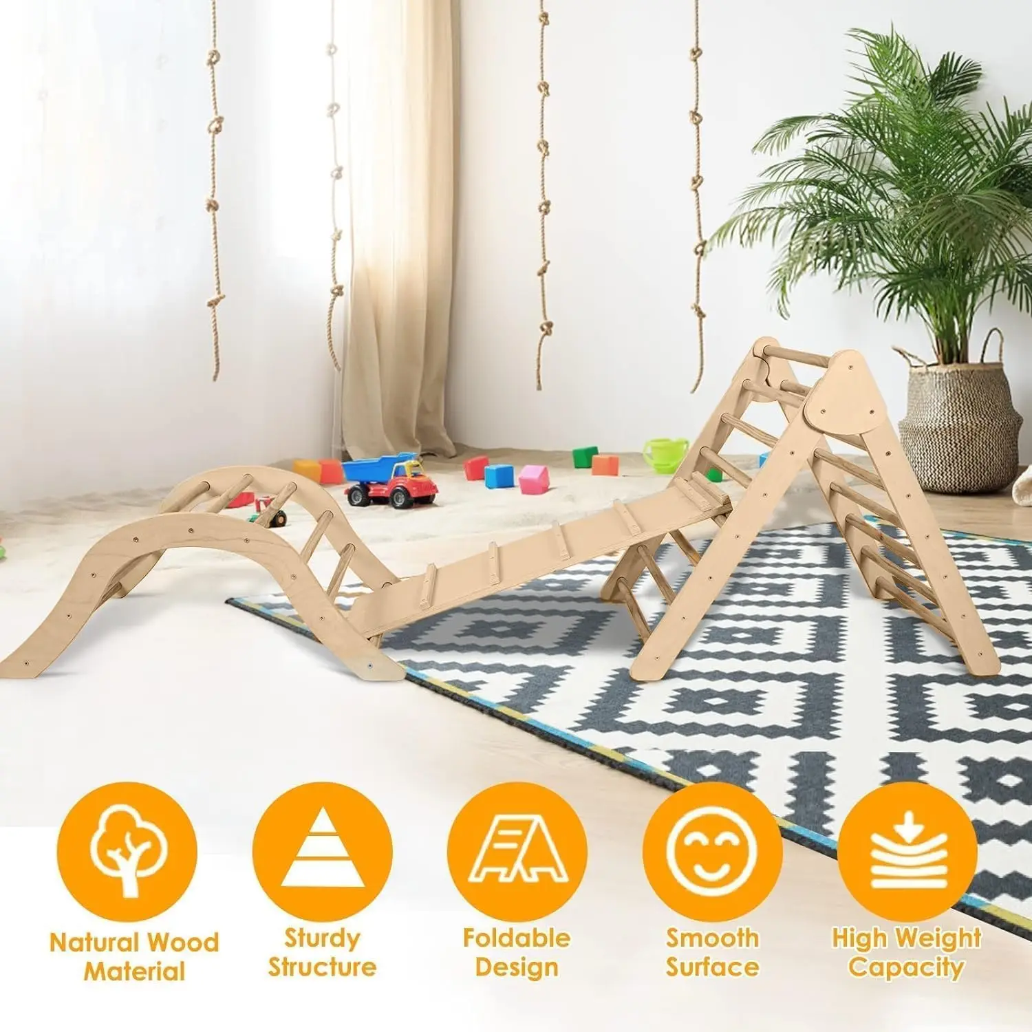 6-in-1 Pikler  Wood Adjustable Triangle Set Wooden Montessori Climbing Set with Ramp Arch Slide and Net Climbing Toys Indoor 4