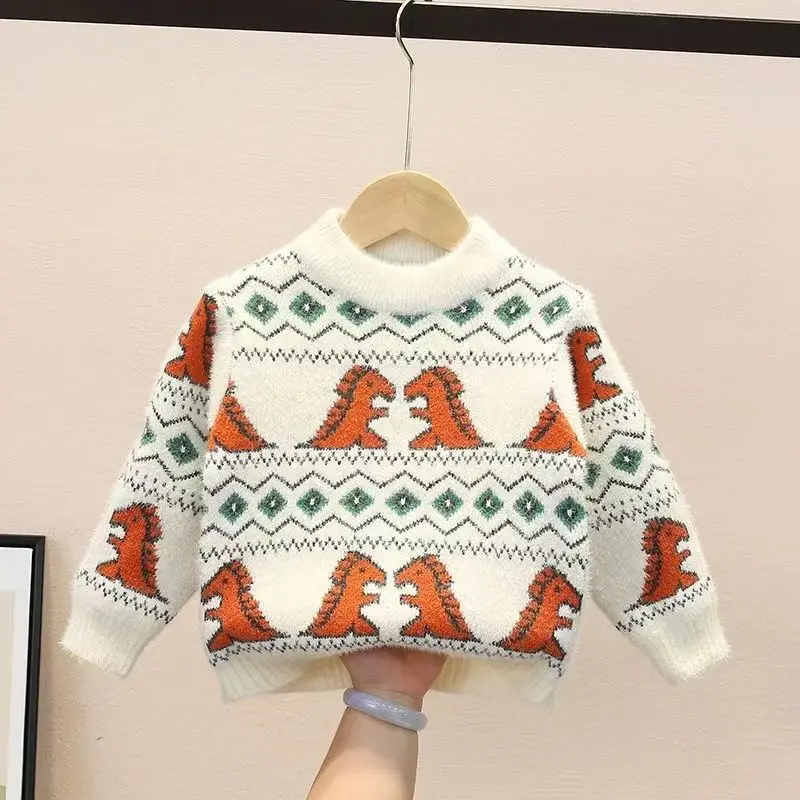 

2023 Autumn and Winter New Boys' Sweaters Children's Pullover Extra Thick Mink Cashmere Knitwear for Girl Crew Neck Tops