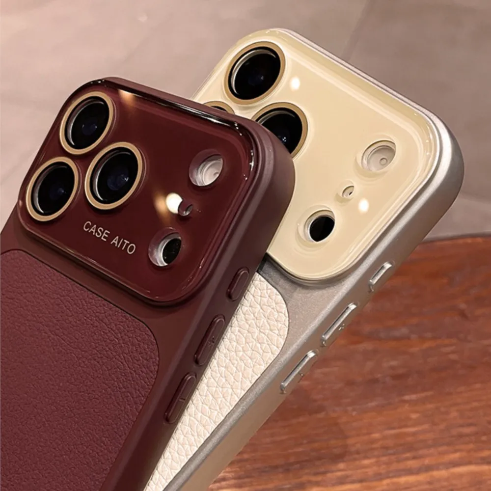 Deluxe Lychee Leather Textured Phone Case with Lens Protection and Shockproof Bumper