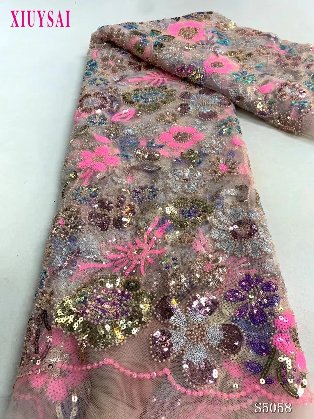 Nigerian Sequin Fabrics Beaded Lace Fabric Pink Embroidered Tulle
