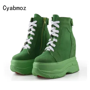 Women Green High Top Sneakers Suede Leather Invisibly Height Increasing 12CM High Heels Warm Boots Wedges Pumps Platform Booties