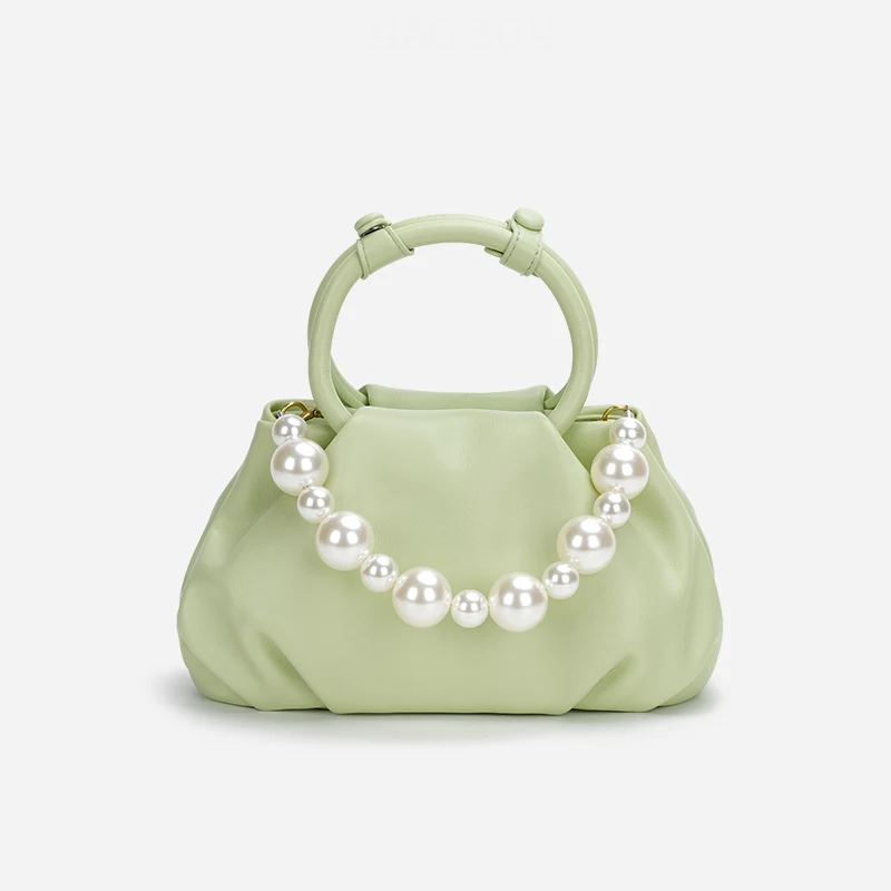 

Women Handbag Solid Color Pearl Chain Decor Soft Pu Leather Female Cloud Crossbody Bag High Grade Textured Shoulder Bag