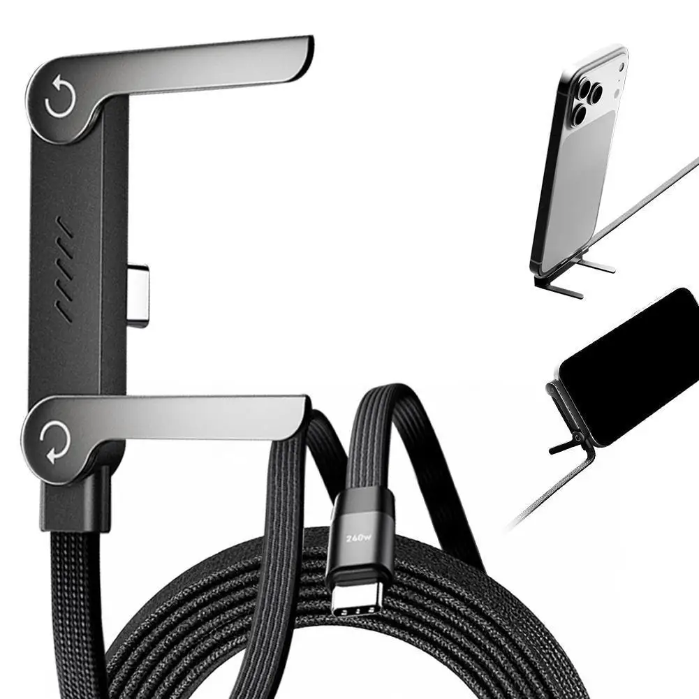 일체형 스탠드가 있는 240W 고속 충전 케이블, 플랫 USB C 케이블, 직각 충전기 코드, 접이식 USB-C 코드, Type-C to Type-C