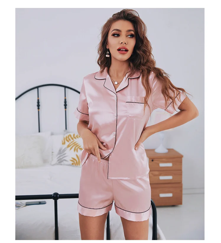 Womens Silk Satin Pajamas Set Short Sleeve Two-piece Pj Sets Sleepwear Loungewear Button-Down