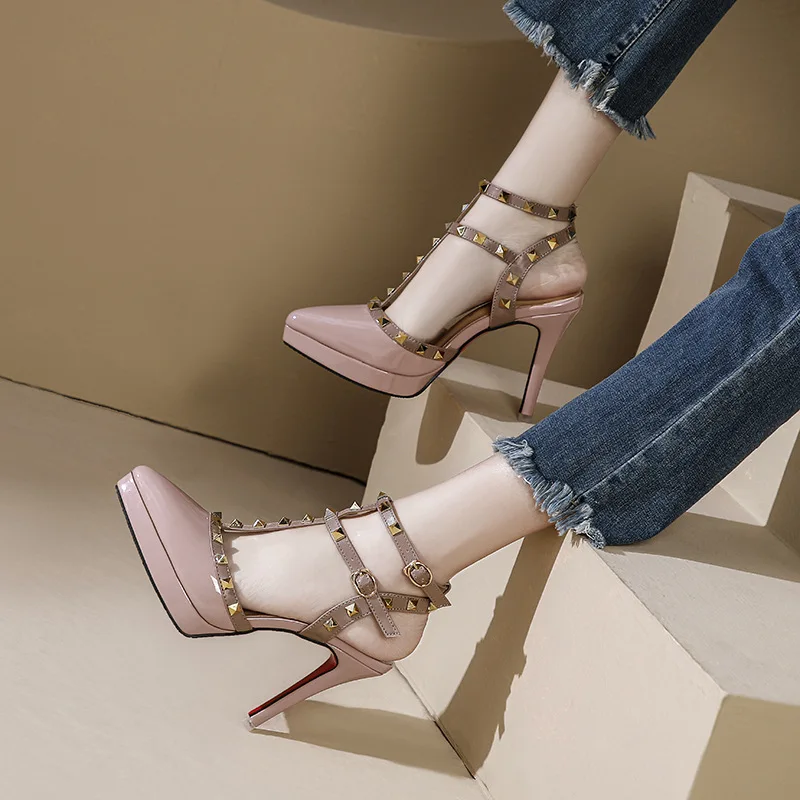 Women 10cm 12cm High Heels 2.5cm Platform Sandals Party Pumps Lady Stiletto Studded Fetish Nighclub Red Bottom Shoes 6