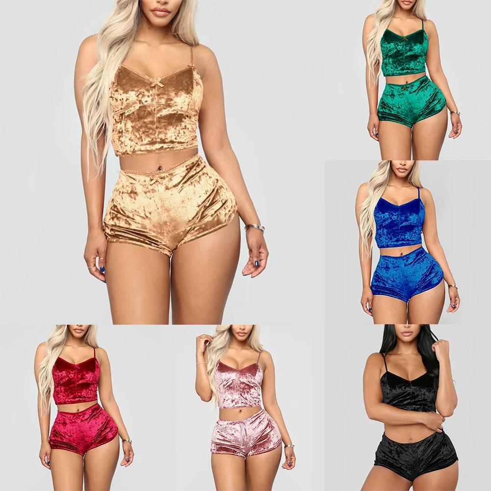 Frauen Sexy Dessous Set Öl Glänzende Nachtwäsche Super Weiche Kurze Nachtwäsche Ärmel Crop Tops Solide Shorts Pyjamas Set Casual Wear – Detail 1