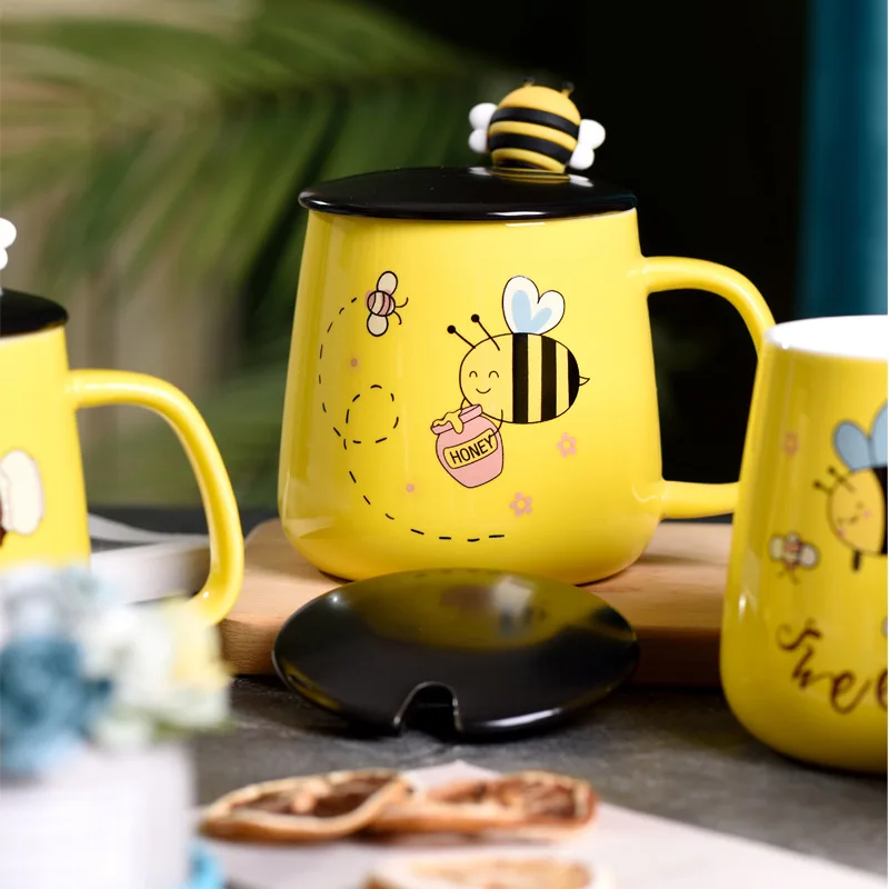 Tazza Grande In Ceramica Con Coperchio E Manico A Forma Di Ape - 500ml - Regalo Originale