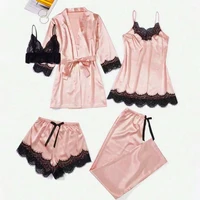 5 Pieces Women's Satin Sleepwear Pajama Set Robe Sexy Lingerie Bathrobe Lace Silk Night Dress Trousers Home Clothed Nightwear PJ - Image 6