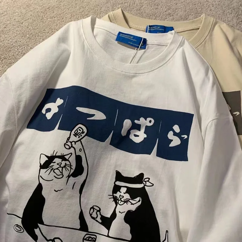 

Japanese Letter Printting Cat Funny Tshirt for Womens Summer 2023 New Short Sleeve Cotton T Shirts Woman Cute Kawaill Tees Tops