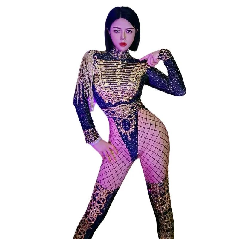 

Gold Rhinestones Tassel Skinny Jumpsuit Crystals Leotard Women Dance Team Jazz Dance Costume Bar Singer Army Uniform Stage Wear