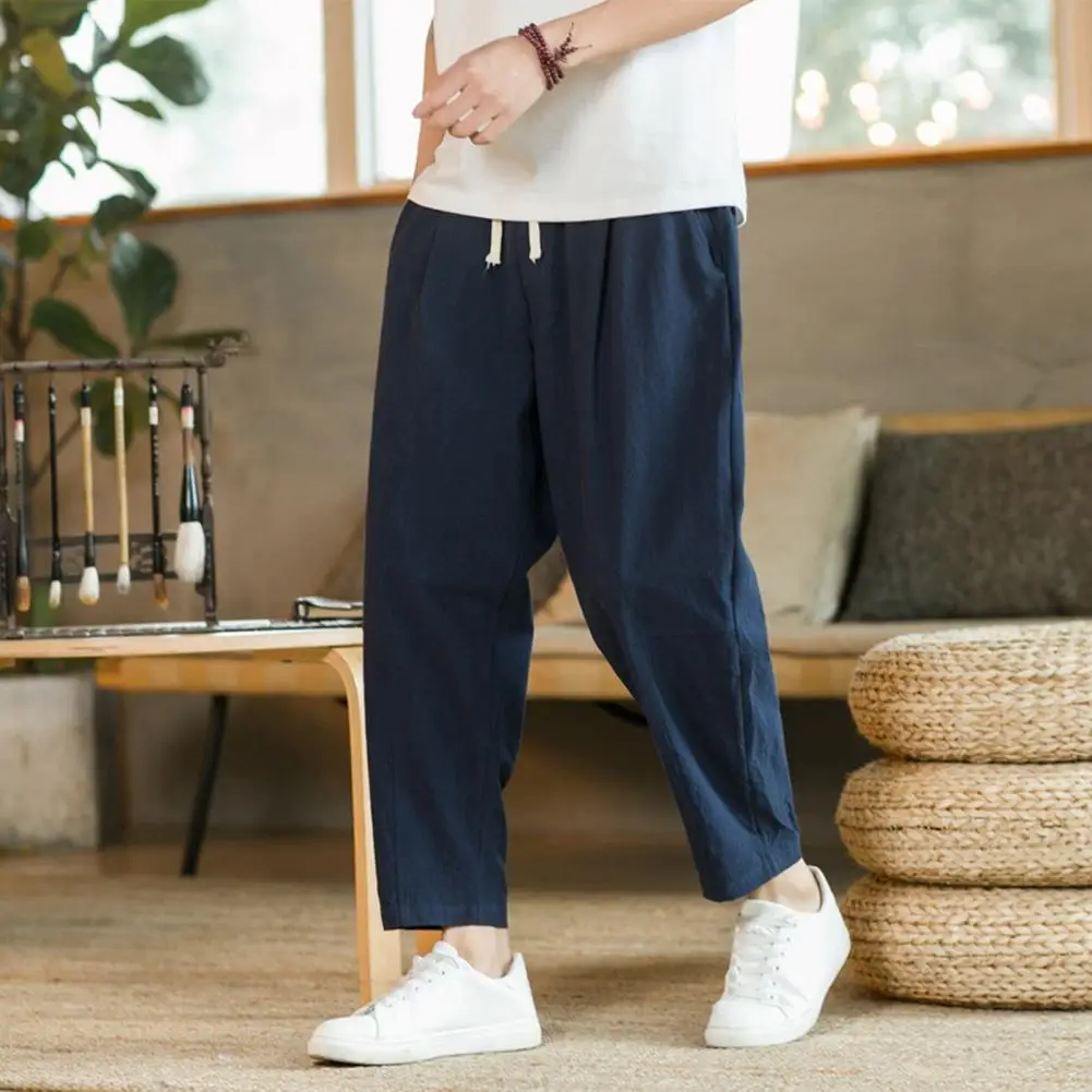 

Men Ninth Pants Loose Straight Leg Trousers Drawstring Elastic Waist Pockets Ankle Length Casual Sweatpants Daily Long Trousers