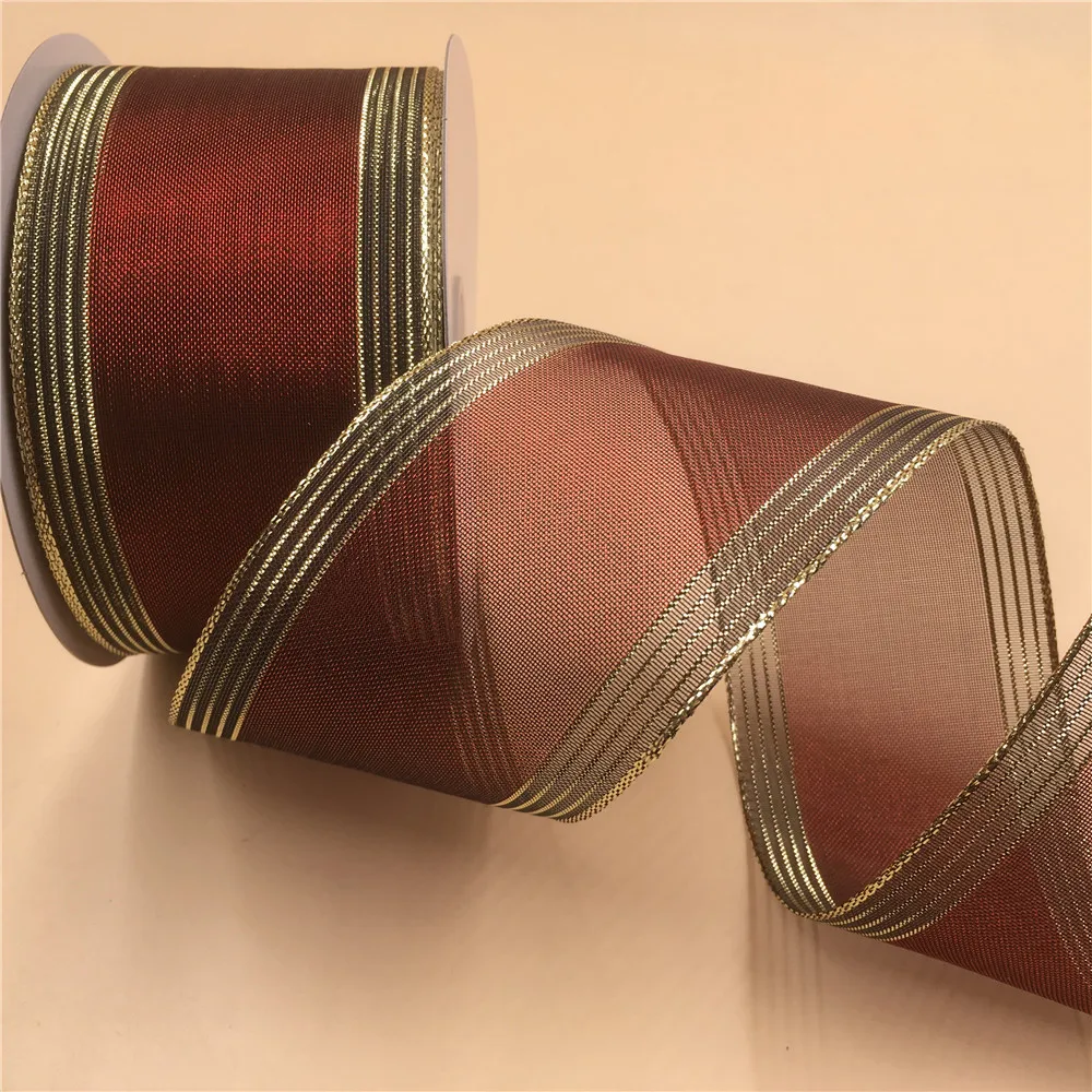 

63MM 25Yards Burgundy Metallic Wire Edge Ribbon with Golden Eage for Birthday Decoration Gift Wrapping 2-1/2" N2071