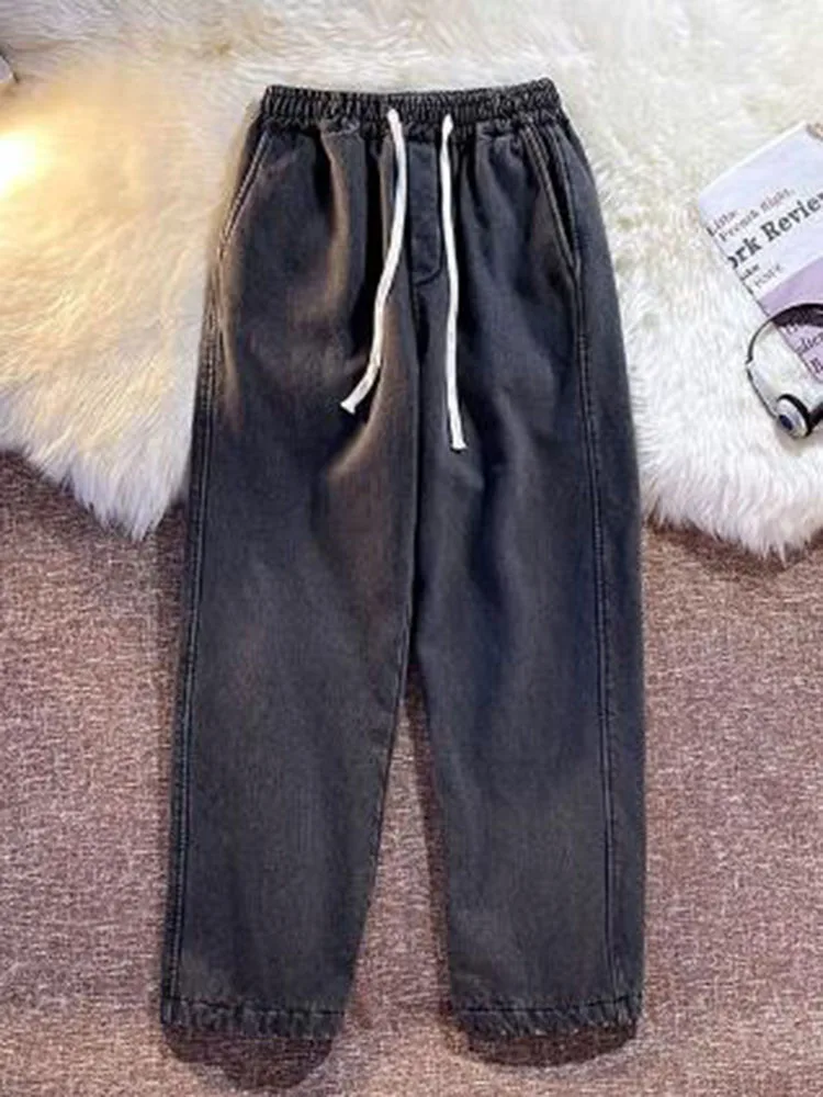 Oversize 95kg Straight Jeans Winter Plush Lined Thick Baggy High Waist Denim Pants Warm Casual Vaqueros Woman Blue Trousers 2023