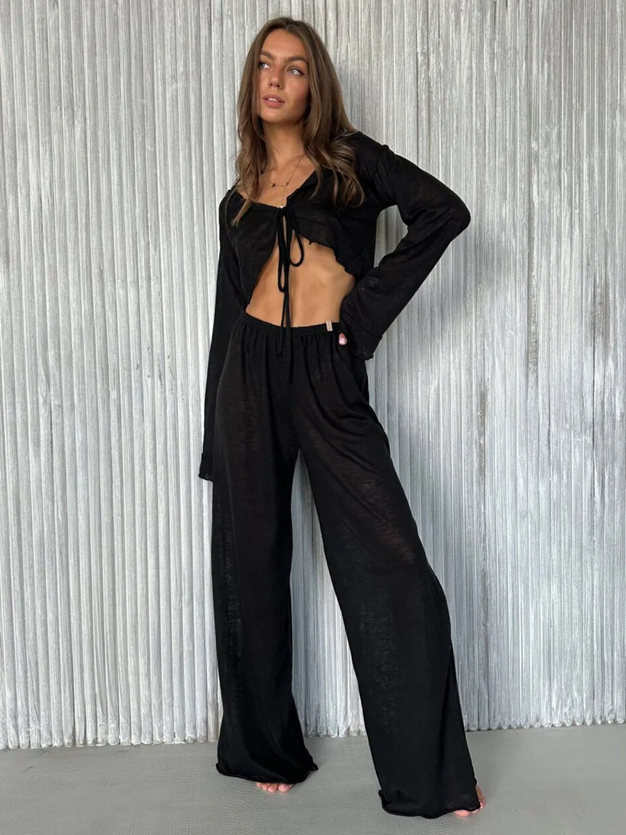 Conjunto informal de dos piezas para mujer, con cuello en V, manga larga con cordones y pantalones de cintura alta.