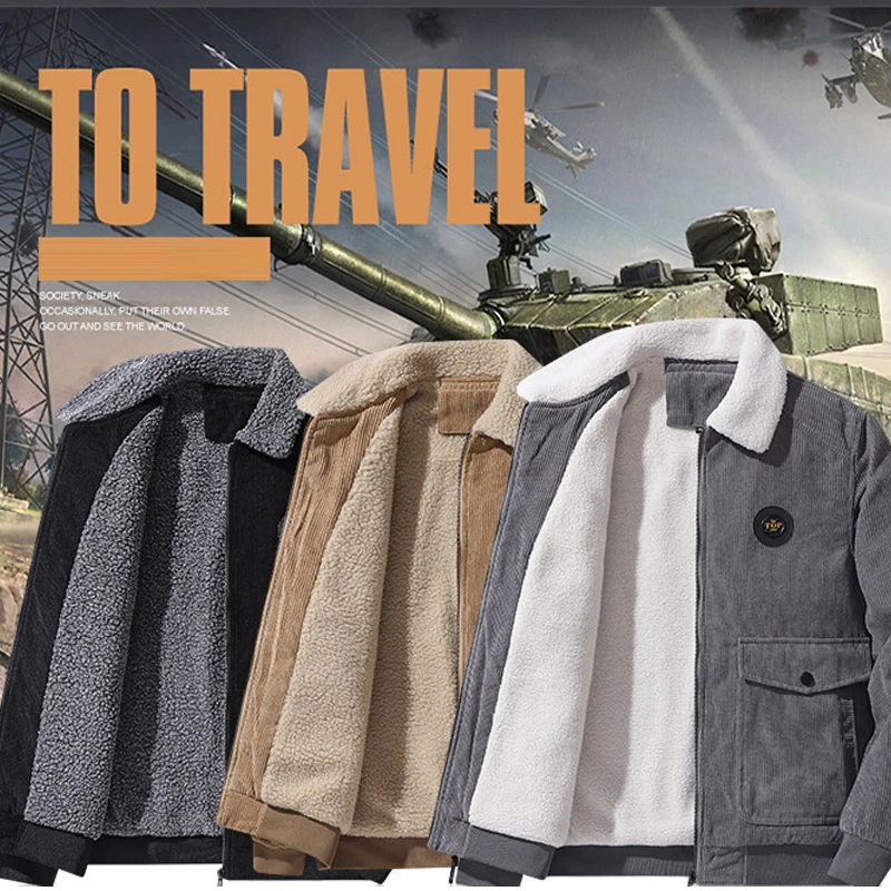 Winter Thermal Fleece Jackets Men Warm Coat Fur Collar Casual Jacket Male Overcoat Thick Corduroy Jacket Windbreaker Man Clothes - Image 5