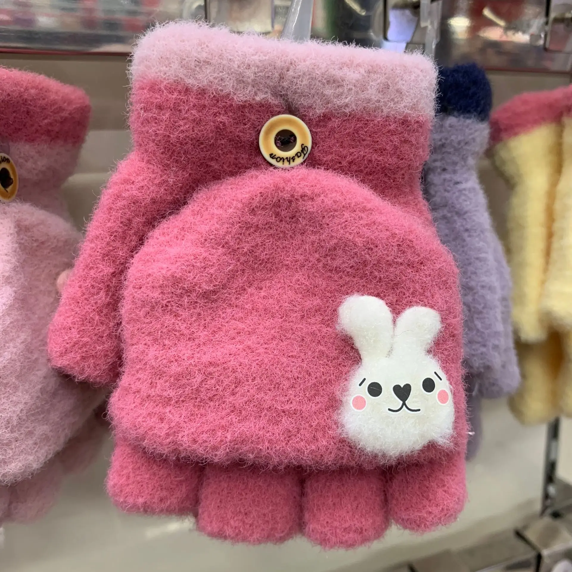 3-8 Year Old Winter Children's Plush Contrasting Rabbit Gloves Student Writing Half Finger Baby Cartoon Gloves