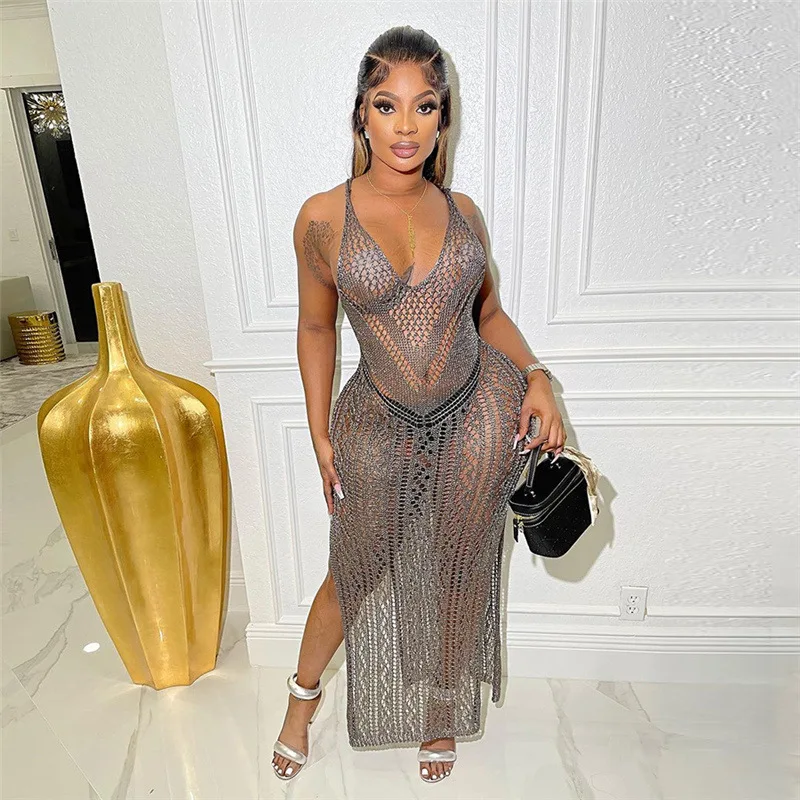 

Knitted See Through Backless Split Sling Long Dress Beachwear 2023 Summer Women Sexy Sleeveless V-neck High Waist Vestidos