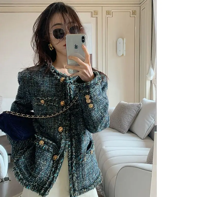 

2024 New Autumn Winter Loose Retro Tweed Jackets Women Elegant Luxury Green Plaid Blazers Female Korean Fashion O-Neck Outcoat