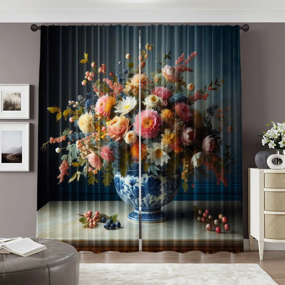 2pcs, 2D flat Window Curtains flowers and plants (3) Machine Washable Fabric,Without Electricity Festive Backdrops Applies to 2