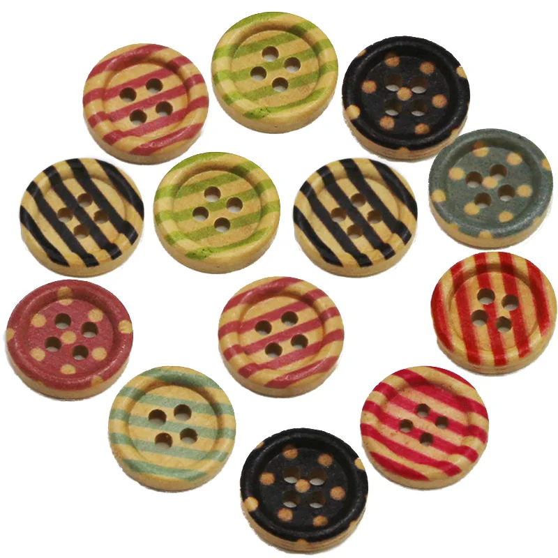 (100 Pieces/bag) 1.5cm 4-hole Painted Striped Button Circular Wooden Handmade DIY Retro Decorative Button