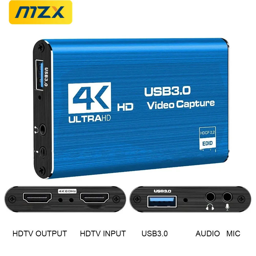 MZX 비디오 캡처 카드 박스, HDMI 호환, 4K, 30Hz, 60Hz, USB3.0, 1080P, 30fps, 60fps, HD 녹음기 그래버, OBS 캡처 게임 오디오 마이크