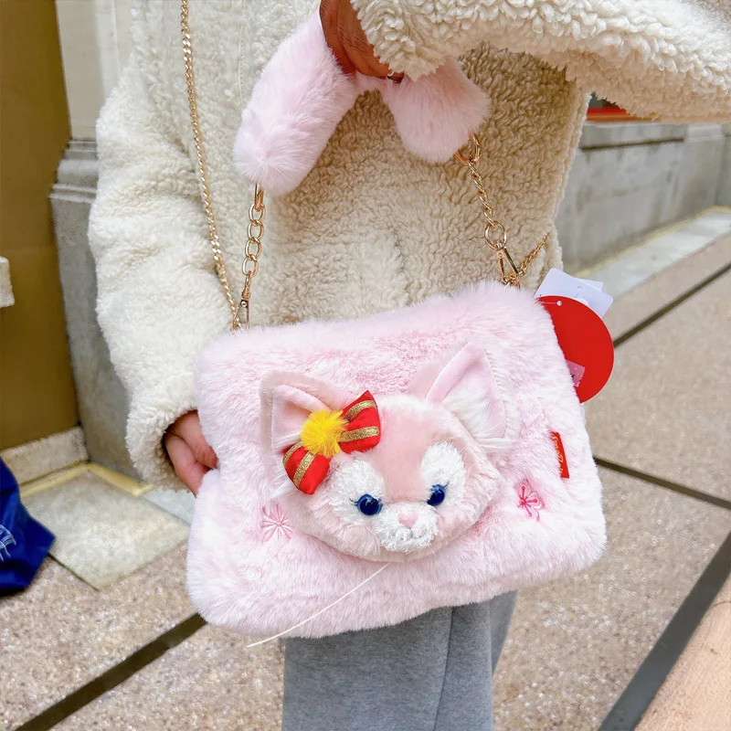 Original Disney LinaBell Plush Women Shoulder Bag Shanghai Disneyland Park Winter Plush Pink Crossbody Zipper Storage Handbag 2