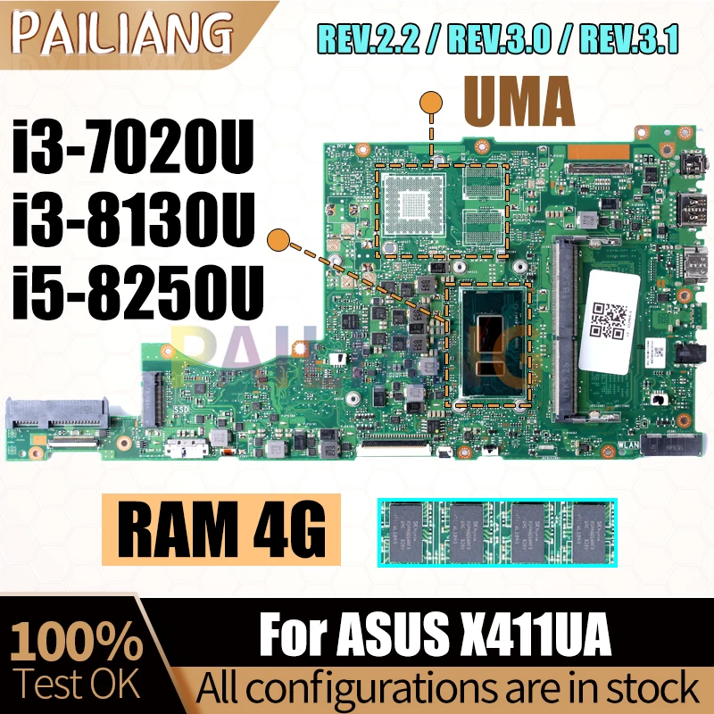 Для ASUS X411UA материнская плата для ноутбука i3-7020U REV.2.2 REV.3.0 REV.3.1 RAM 4G материнская плата для ноутбука, полный тест
